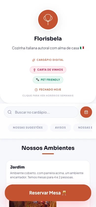 Cardápio digital público real do Florisbela, visualização mobile
