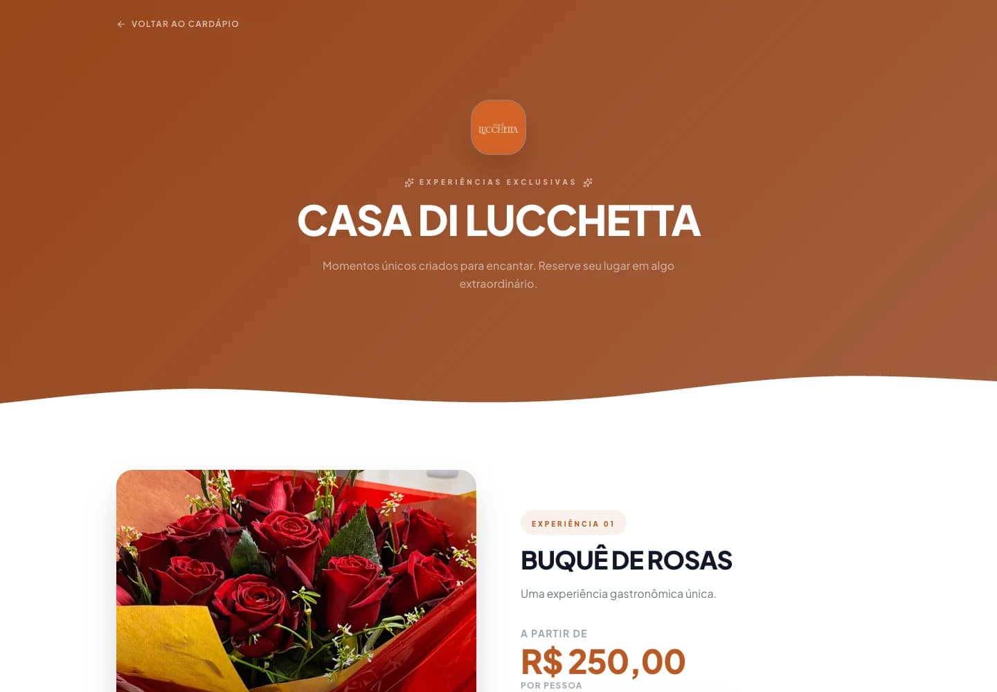 Página pública real de experiências da Casa di Lucchetta