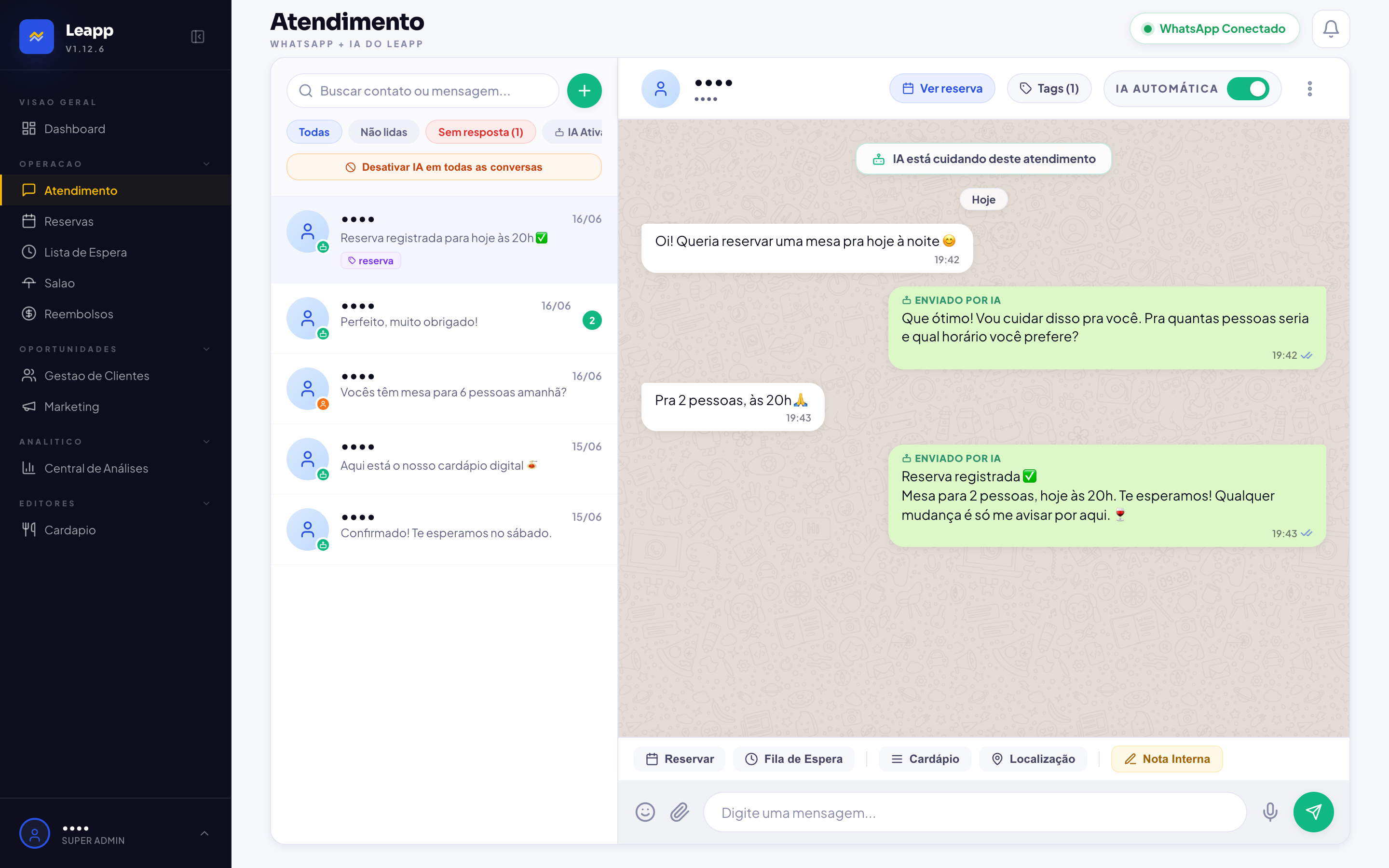 Tela de atendimento por WhatsApp com IA