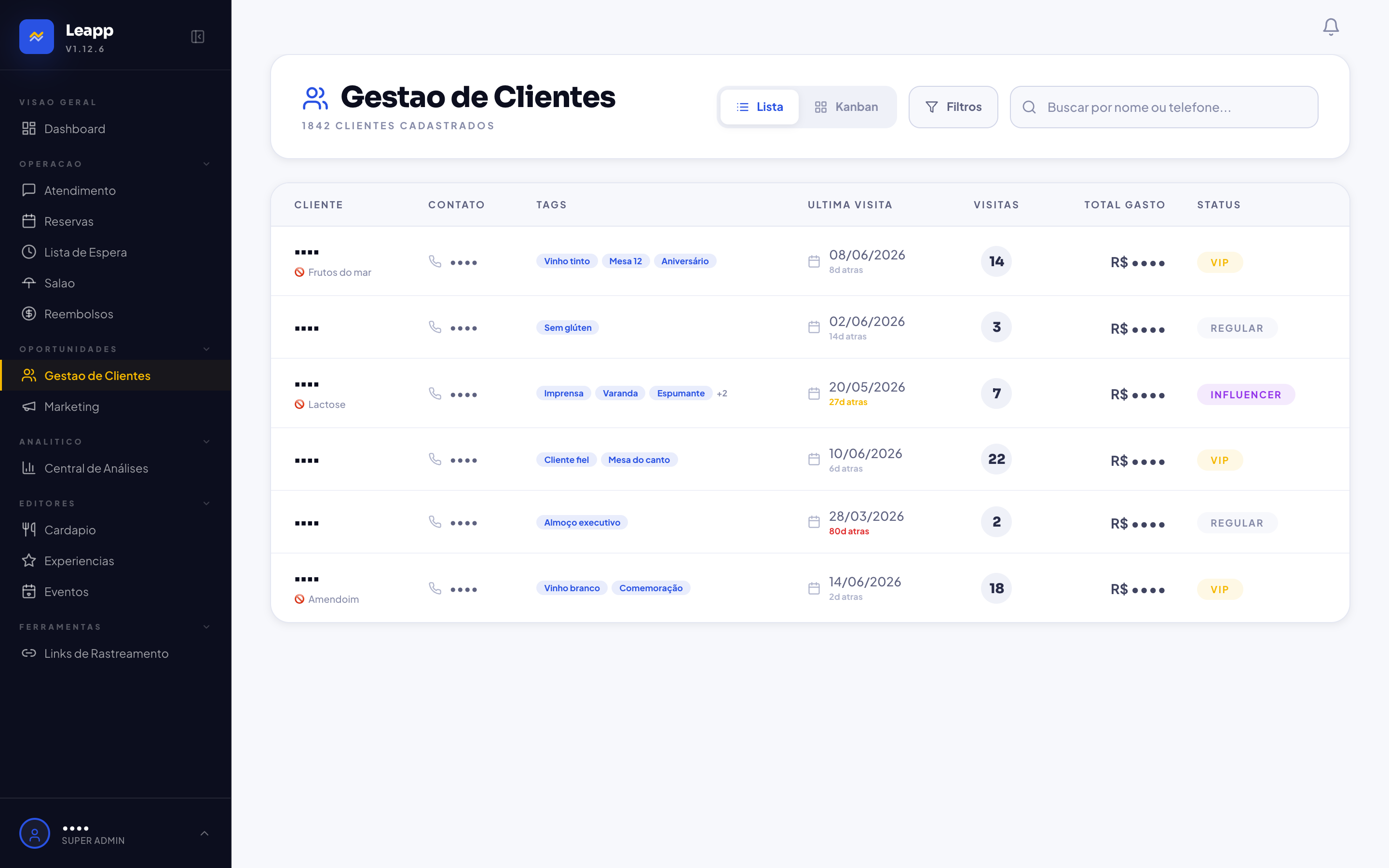 Gestão de clientes (CRM) do Leapp